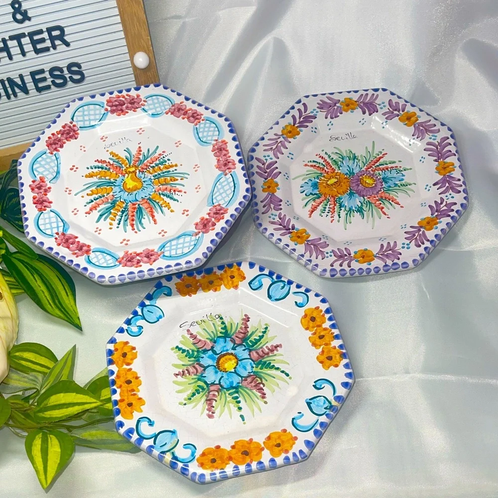 Set of 3 Hand-Painted Sevilla Spain Plates – Hecho a Mano – Octagon Floral